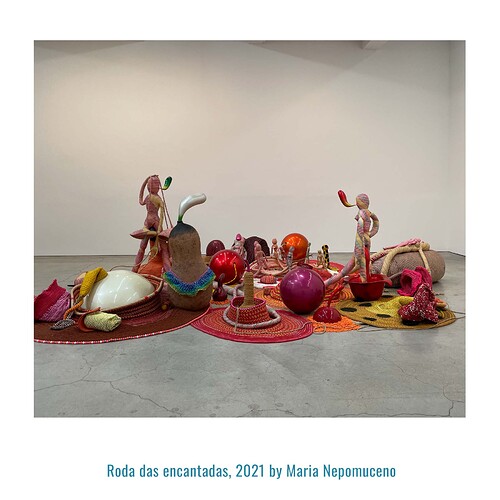 Roda das encantadas, 2021 by Maria Nepomuceno, Ropes, beads, straw, ceramic, clay, fabric and resin, 315 x 157 1/2 x 39 3/8 inches
