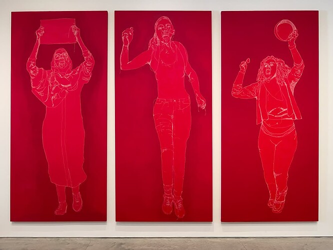 Tania Candiani: Manifestantes (Protestors), 2022-2024, Cotton canvases embroidered with cotton thread, high-density acrylic paint, and acrylic sealer.