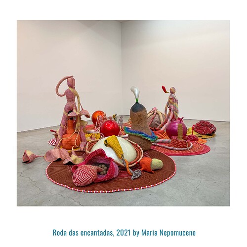 Roda das encantadas, 2021 by Maria Nepomuceno, Ropes, beads, straw, ceramic, clay, fabric and resin, 315 x 157 1/2 x 39 3/8 inches