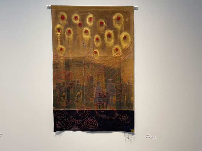 Omalutu, omeli medu eli/Our bodies are within this soil, 2022, Image transfer, mahangu, resin, acrylic ink, cotton embrodiery thread, and rusted cotton fabric canvas by Tuli Mekondjo