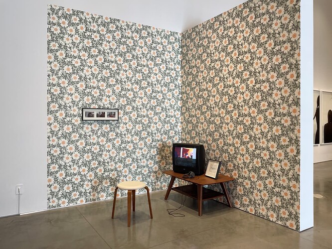 Chloë Bass: Cutting Room Floor #2 (Fethke Family), 2024, Digital video (color, sound); photographic stills on paper;text-based art on paper; installation elements (monitors, furniture, wallpaper).